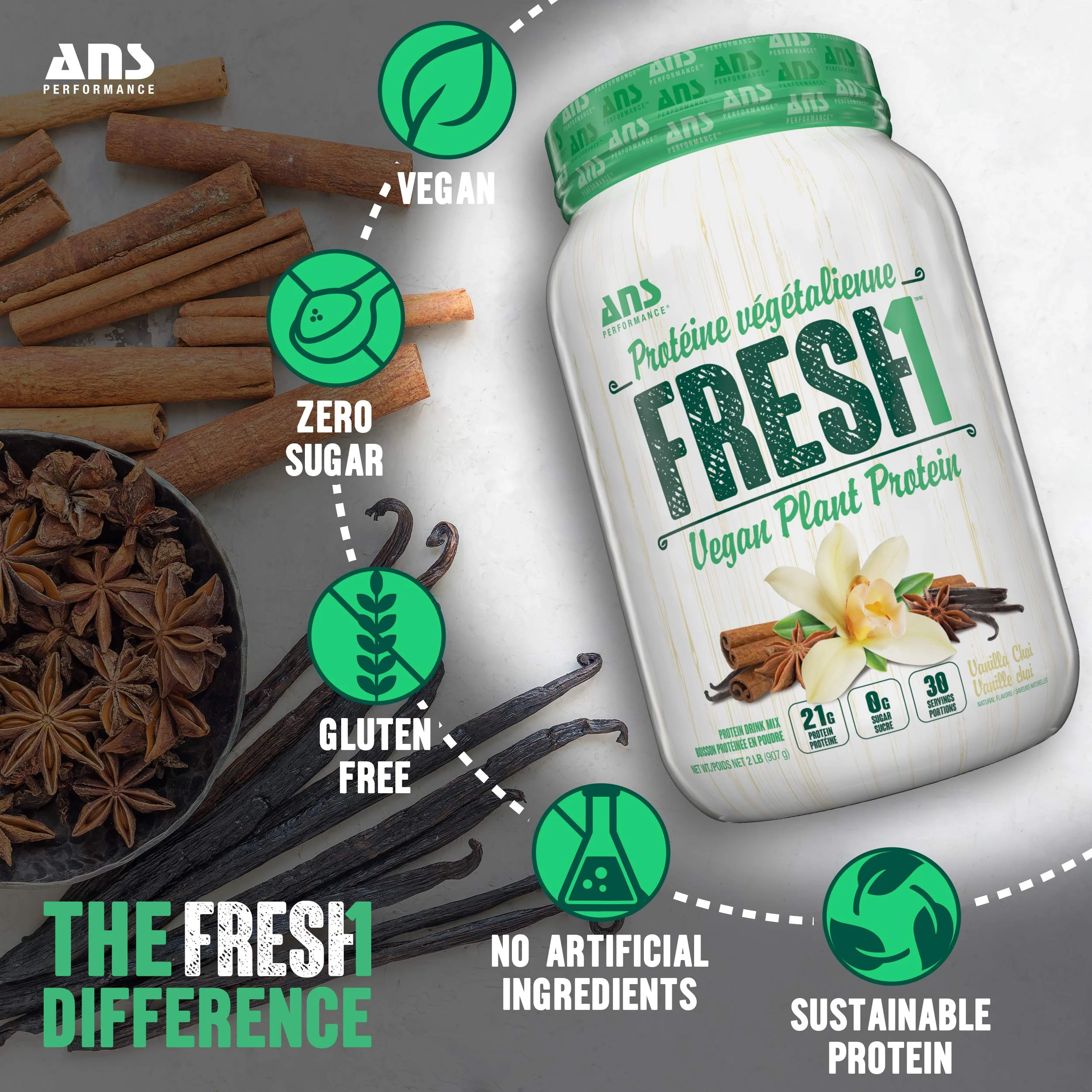 ANS Performance - FRESH1 Vegan Protein Vanilla Chai (907g) - Image 5